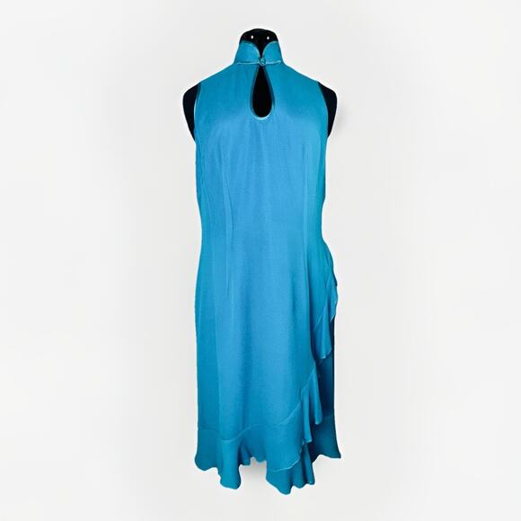VTG Shanghai Tang SZ 14 100% Silk Sky Blue Cheongsam Collar Dress Lined Ruffle - Picture 1 of 8